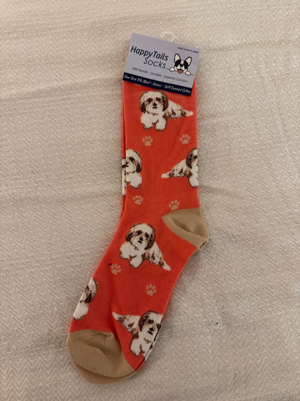 Bright coral colored Shih Tzu and paw print Crew Socks